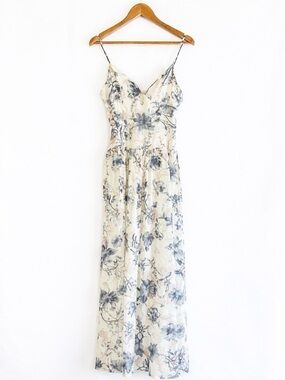 Storia Floral Midi Cottagecore Dress Sz Medium Blue Cream Adjustable Straps Boho